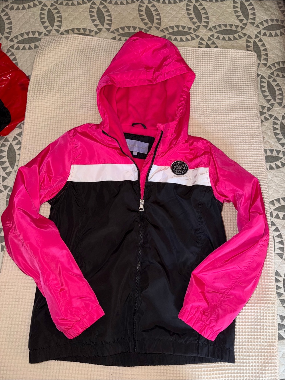 Madden Girl Hot Pink, Black & White Hooded Windbreaker